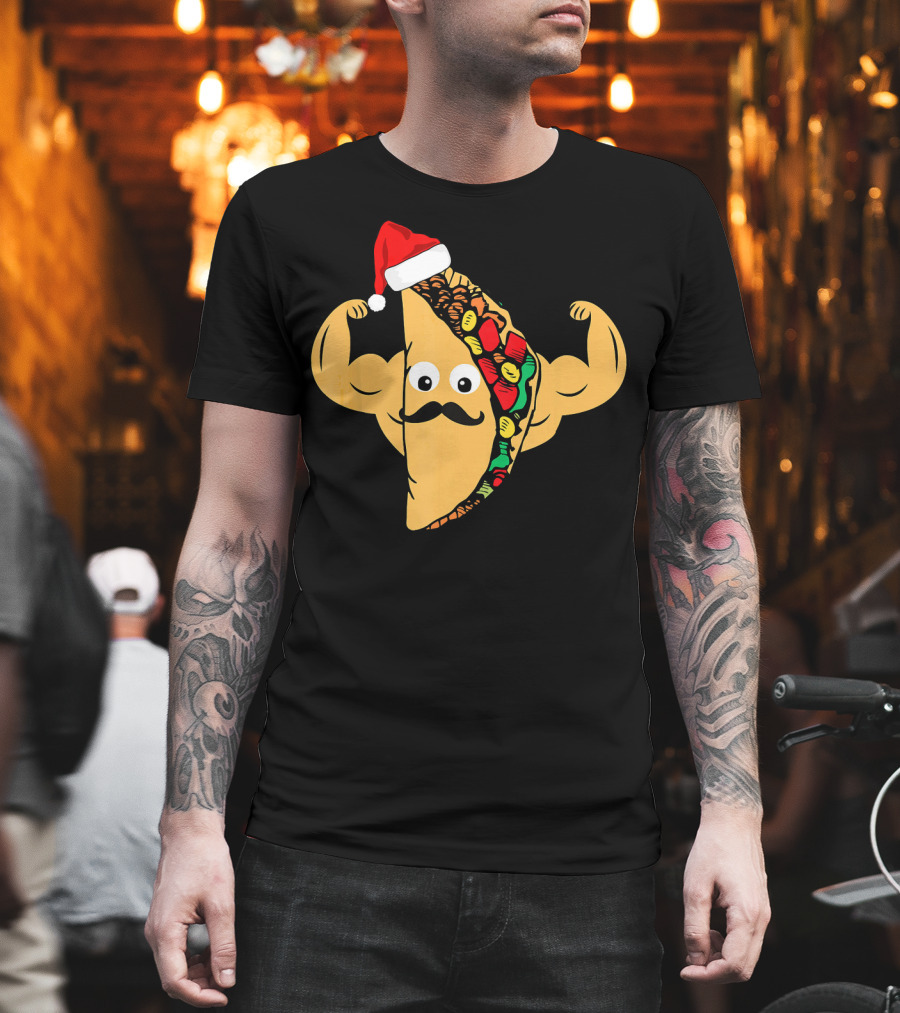 Funny Taco with Santa Hat and Mustache Flexing Muscles Family T-Shirt