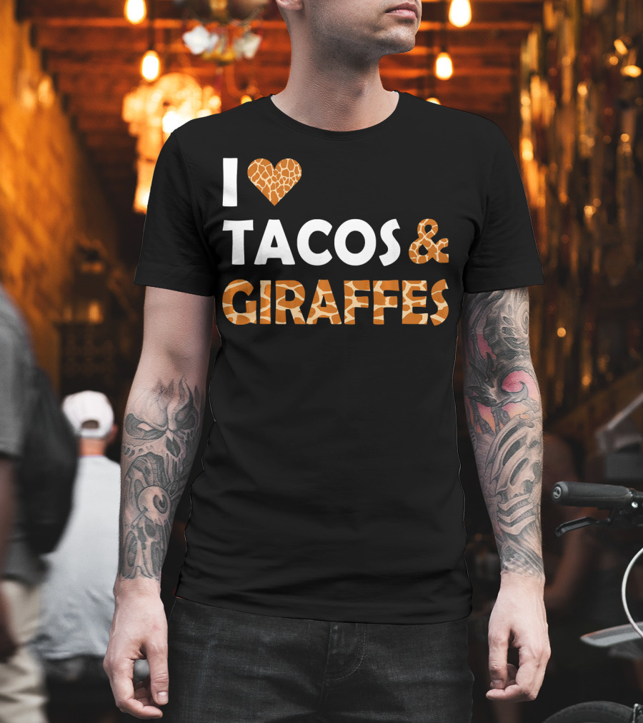 I Love Tacos And Giraffes Giraffe Print Heart T-Shirt