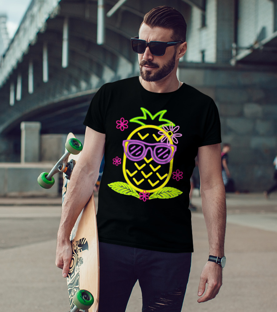 Neon Pineapple With Sunglasses And Flowers Luau Party Vibes T-Shirt
