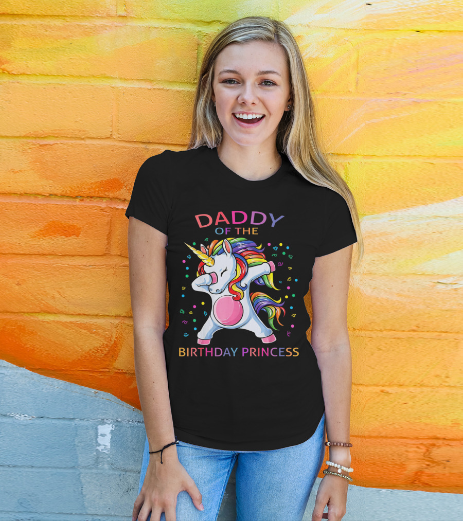 Daddy Of The Birthday Princess Unicorn Dabbing With Colorful Confetti T-Shirt
