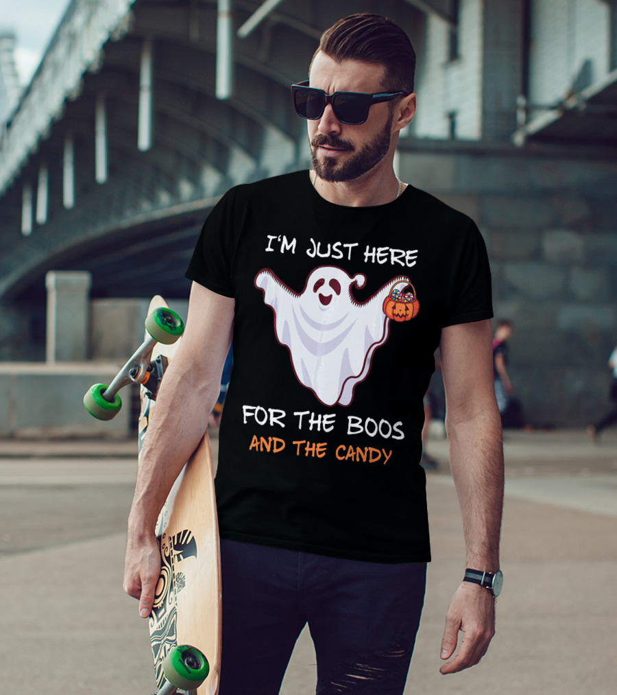 I'm Just Here For The Boos Ghost Holding Pumpkin Candy T-Shirt