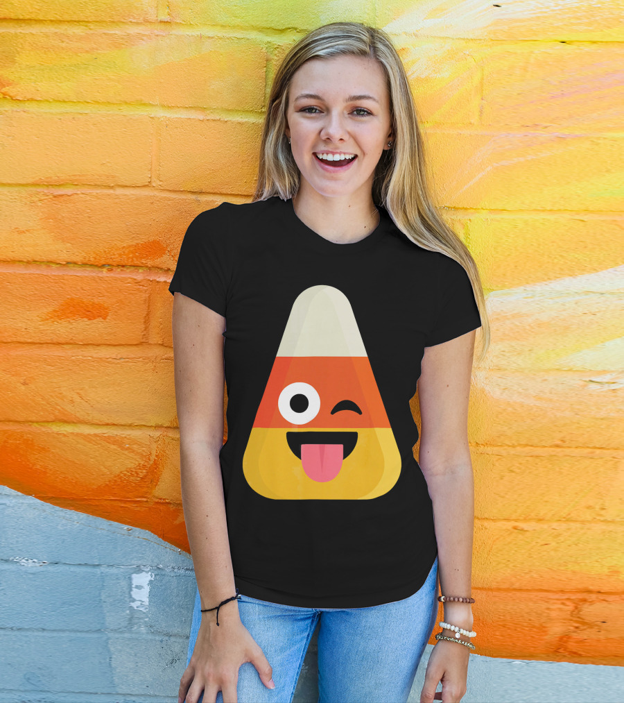Candy Corn Emoji Wink Tongue Out Face T-Shirt