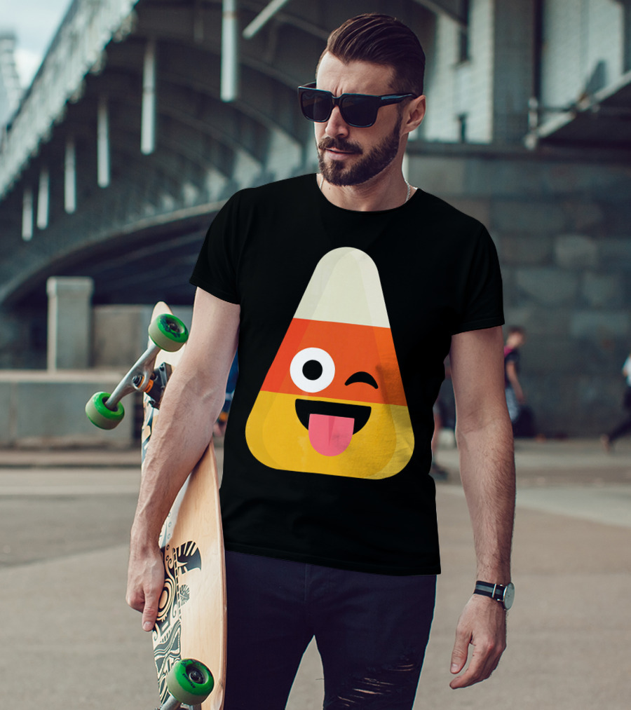 Candy Corn Emoji Wink Tongue Out Face T-Shirt