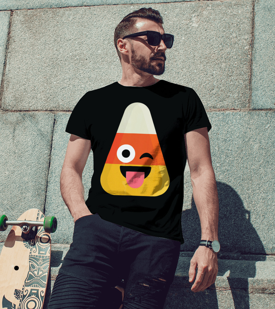 Candy Corn Emoji Wink Tongue Out Face T-Shirt