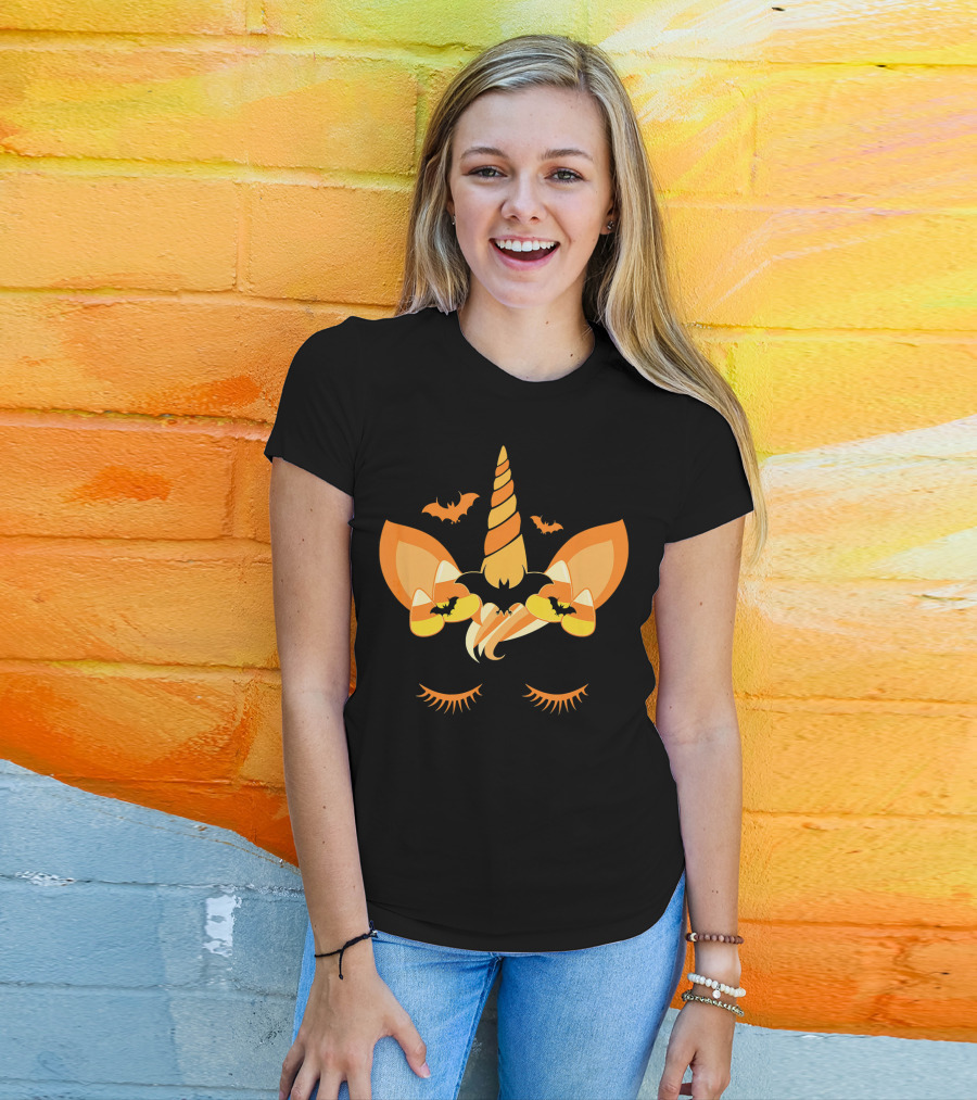 Halloween Unicorn Candy Corn Bat Ears Eyelashes T-Shirt