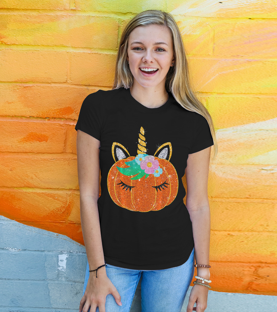 Sparkly Unicorn Pumpkin Halloween T-Shirt