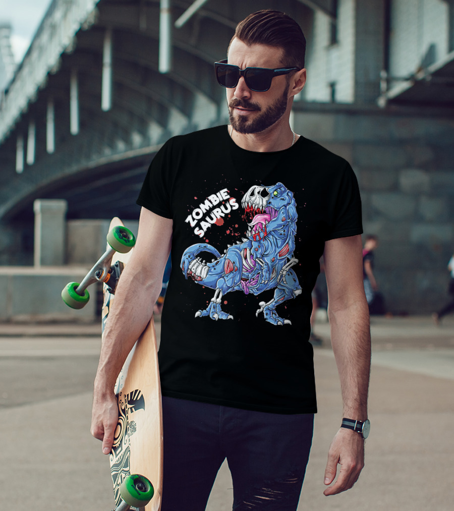 Zombie Saurus Halloween Kids Dinosaur Skeleton Blue T-Shirt