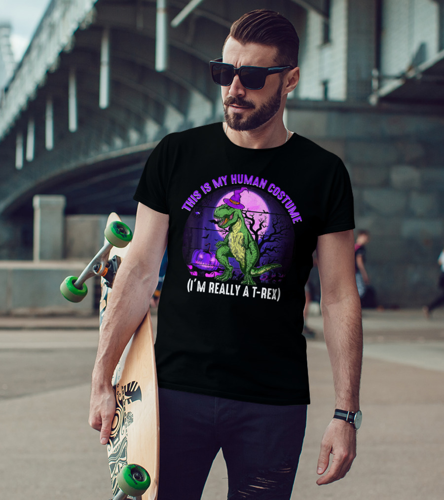 This Is My Human Costume I'm Really A T-Rex Funny Dinosaur Halloween Moon Wizard Hat T-Shirt
