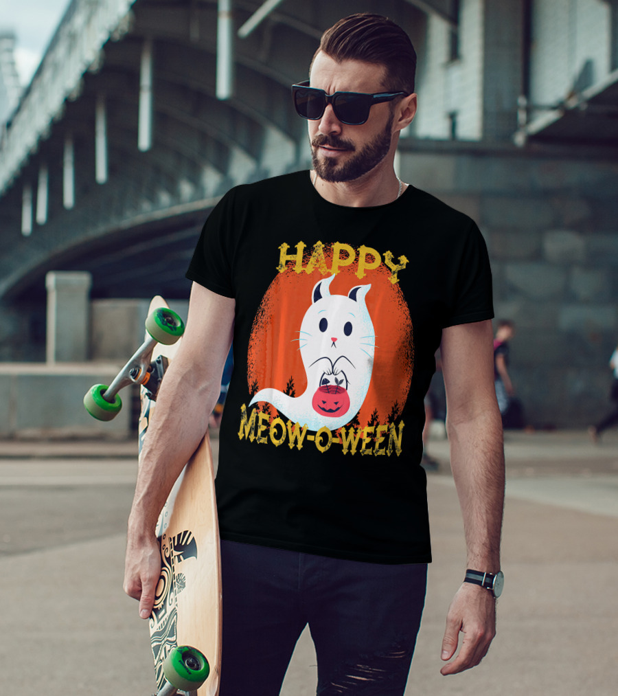 Happy Meow O Ween Cat Ghost With Pumpkin Bag T-Shirt