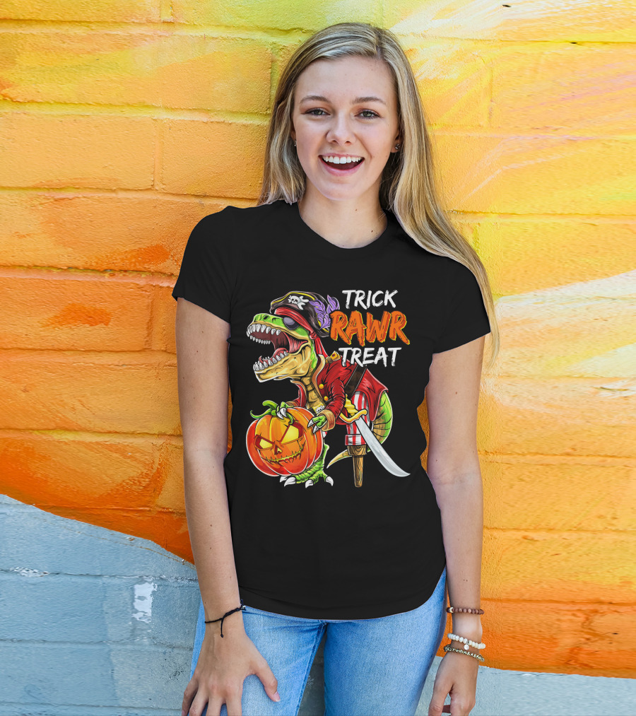 Trick Rawr Treat Pirate Dinosaur Halloween Pumpkin Jack T-Shirt