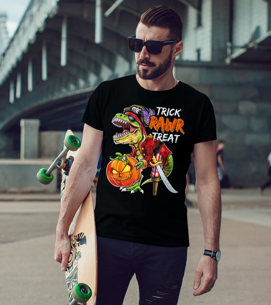 Trick Rawr Treat Pirate Dinosaur Halloween Pumpkin Jack T-Shirt