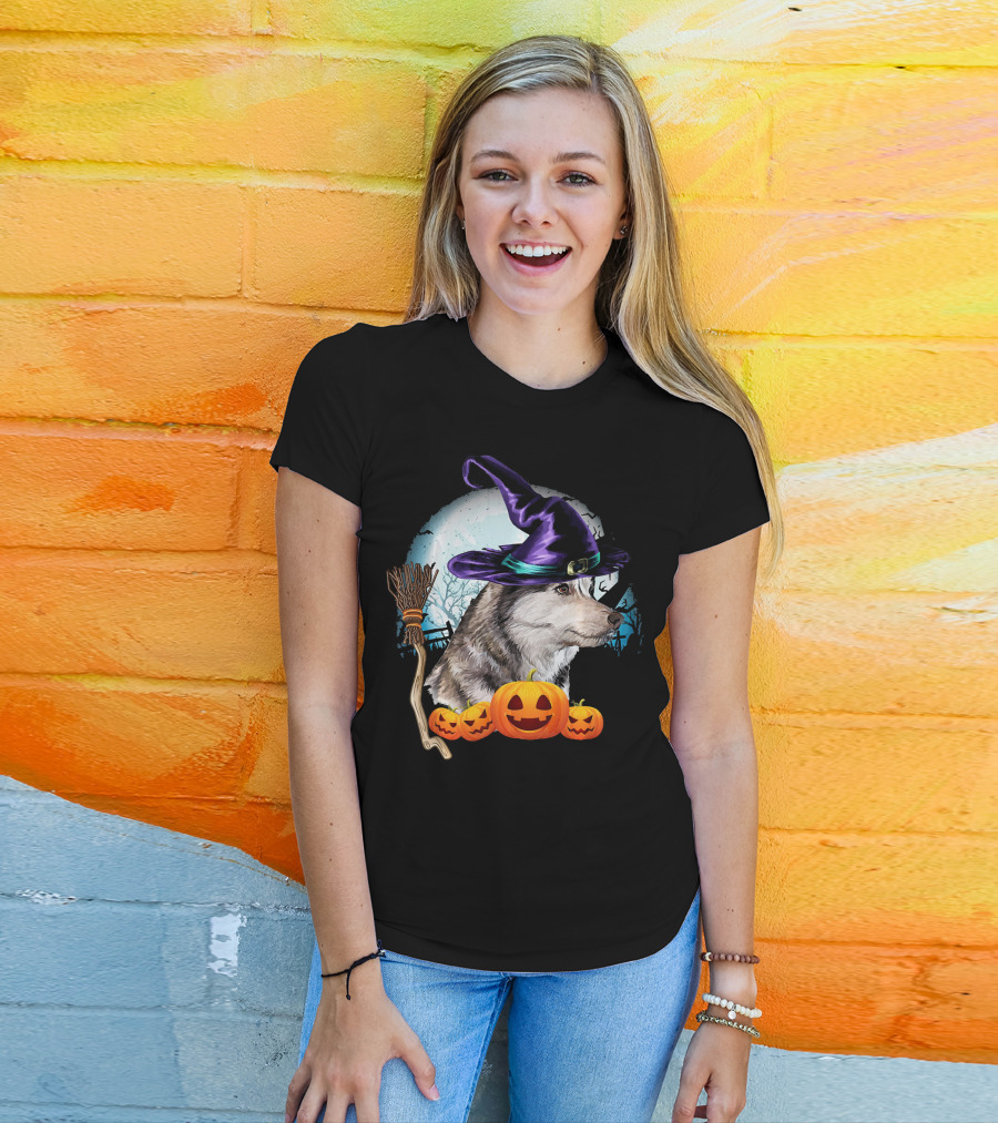 Husky In Witch Hat With Pumpkins And Broom Halloween Scene T-Shirt
