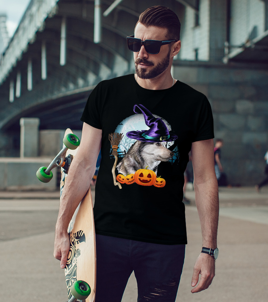Husky In Witch Hat With Pumpkins And Broom Halloween Scene T-Shirt
