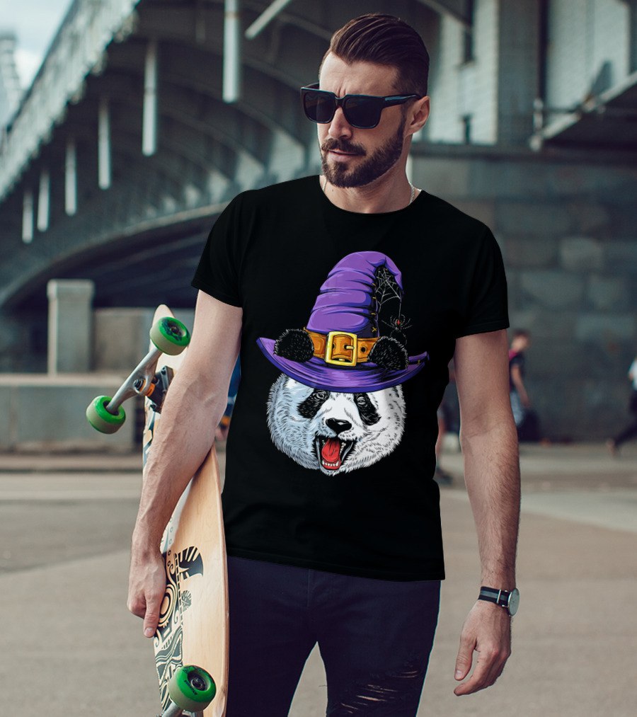 Panda Wearing Witch Hat With Spider Halloween T-Shirt