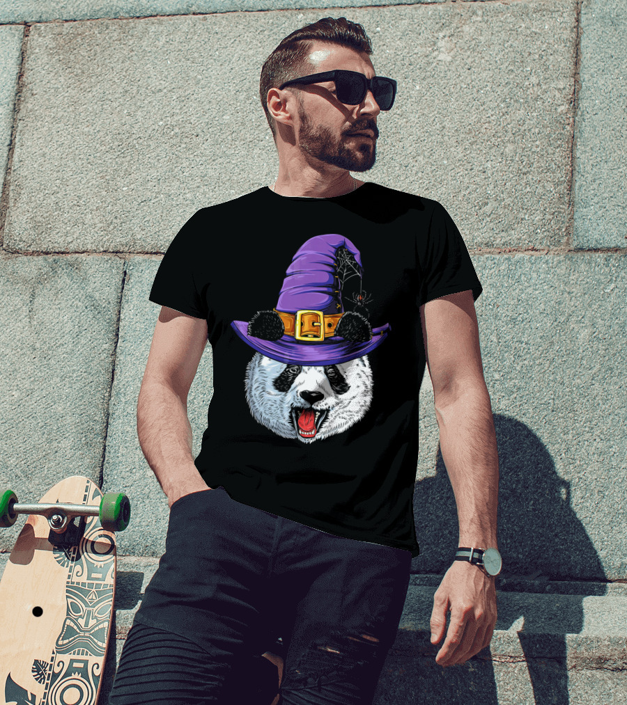 Panda Wearing Witch Hat With Spider Halloween T-Shirt