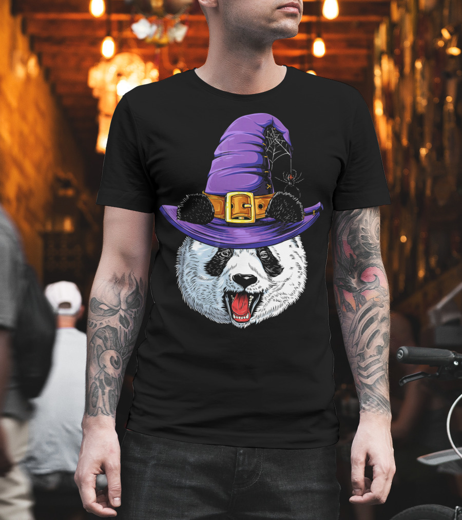 Panda Wearing Witch Hat With Spider Halloween T-Shirt