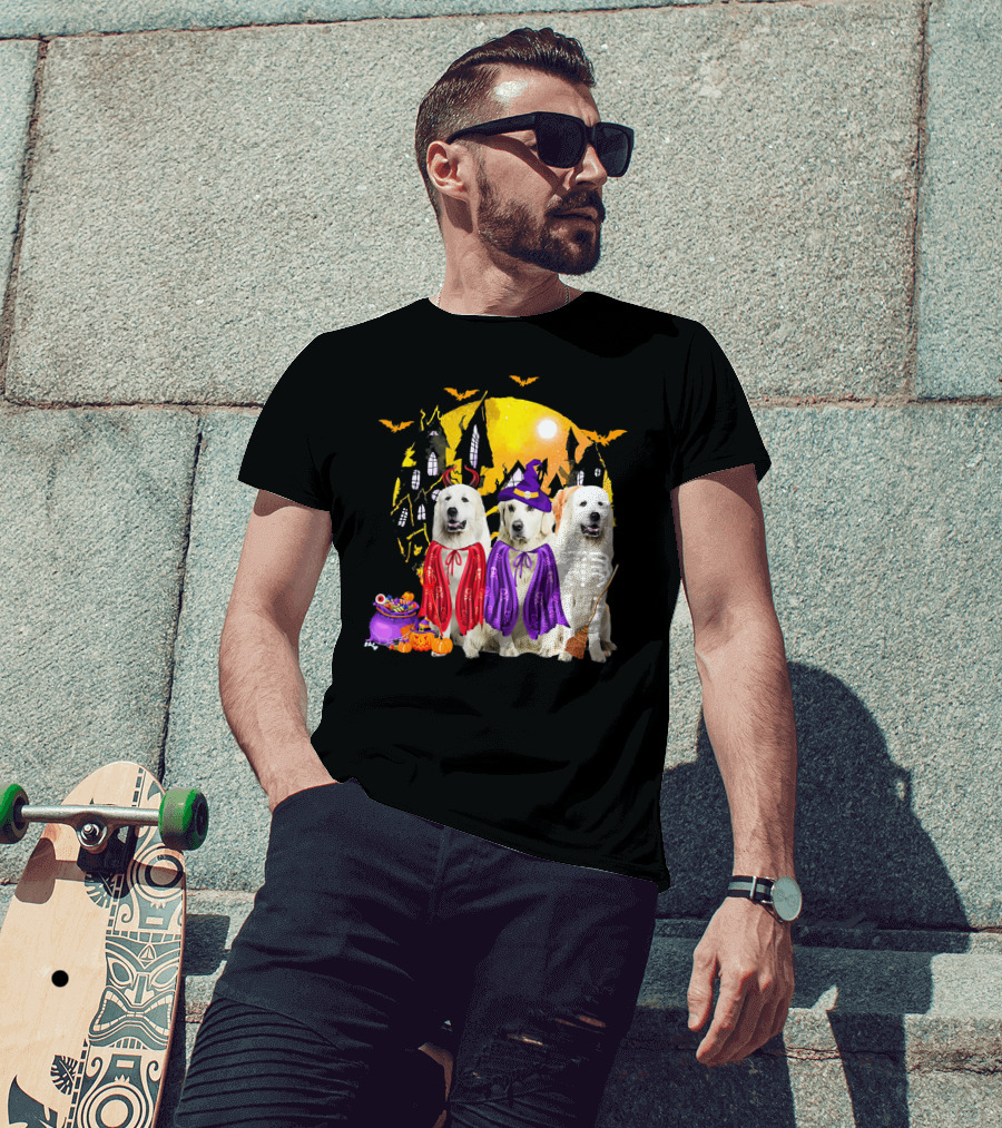 Great Pyrenees Dog Family Of Three Halloween Costumes Moonlit Night T-Shirt