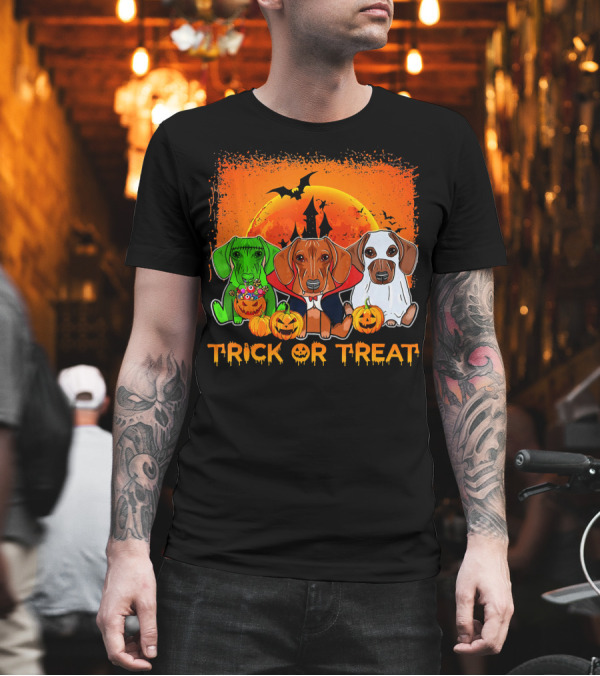 Halloween Dachshund Trio Trick or Treat with Pumpkins and Moon Background T-Shirt Halloween Dachshund Trio Trick or Treat with Pumpkins and Moon Background T-Shirt