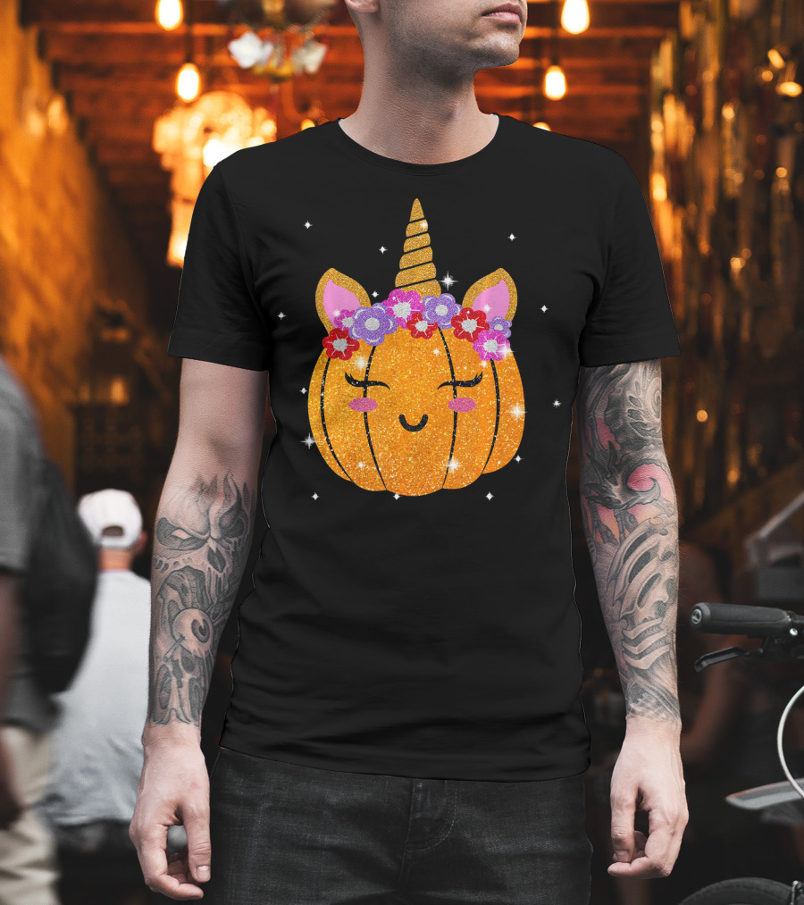 Cute Unicorn Pumpkin Glitter Funny Halloween Sparkles T-Shirt