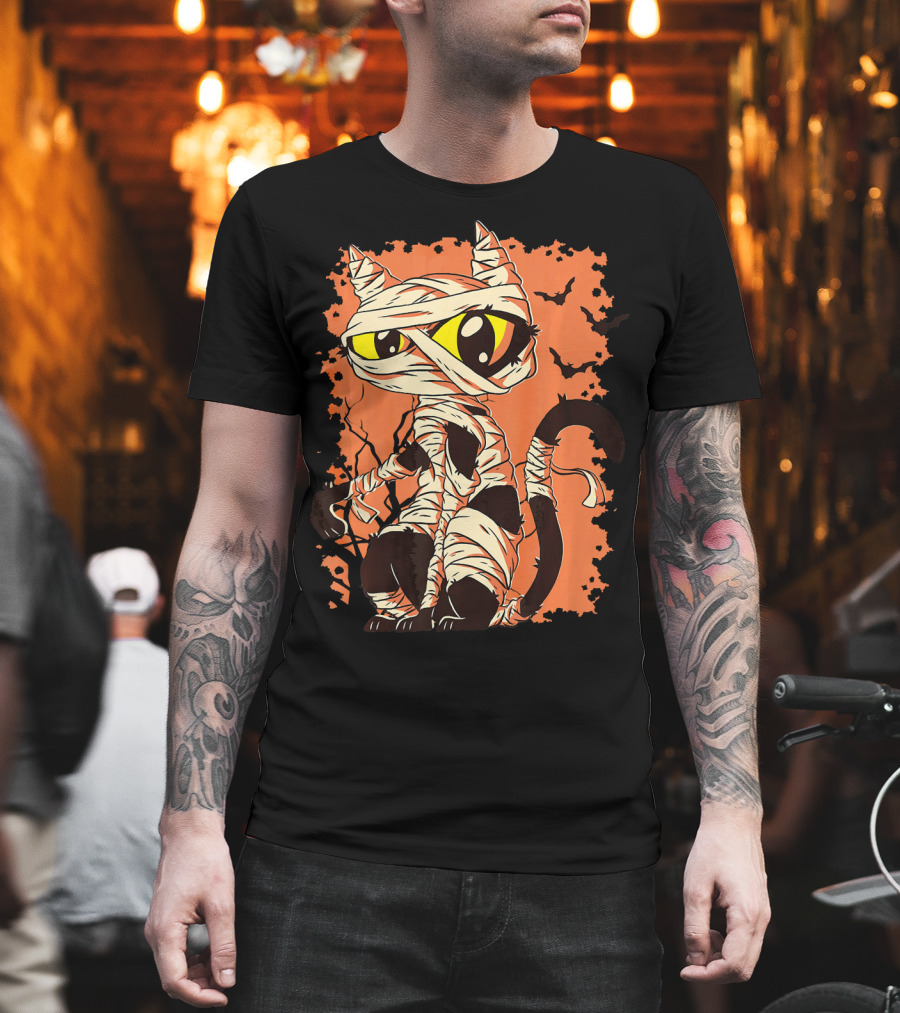 Mummy Cat with Yellow Eyes and Halloween Bats T-Shirt