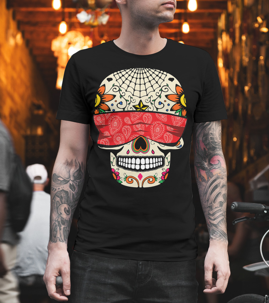 See No Evil Sugar Skull With Red Bandana And Floral Motifs T-Shirt