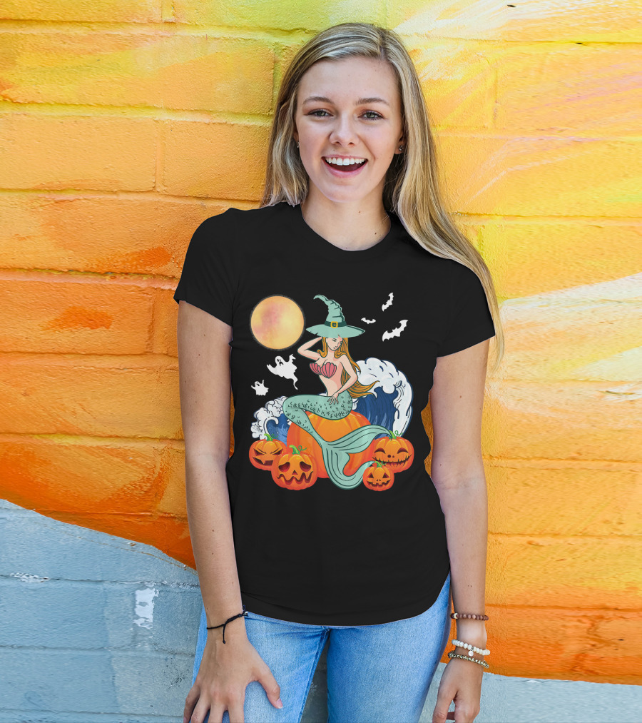 Scary Moon Pumpkin Ghosts Mermaid Witch With Jack-O'-Lanterns And Bats T-Shirt