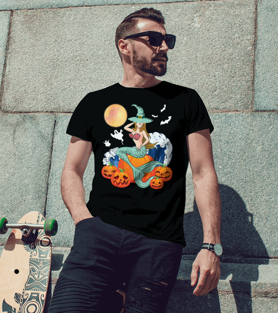 Scary Moon Pumpkin Ghosts Mermaid Witch With Jack-O'-Lanterns And Bats T-Shirt