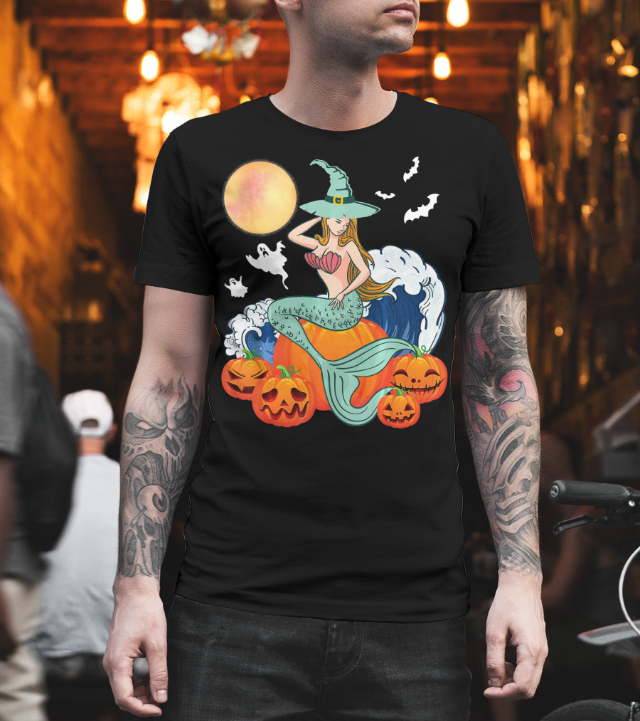 Scary Moon Pumpkin Ghosts Mermaid Witch With Jack-O'-Lanterns And Bats T-Shirt