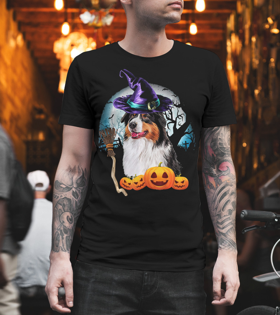 Australian Shepherd Halloween Witch Hat Dog With Pumpkins And Broomstick T-Shirt