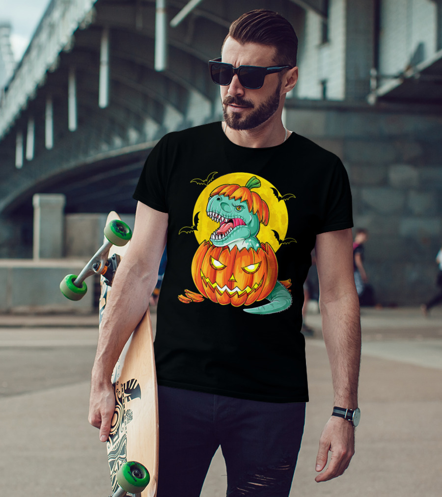 Dinosaur Pumpkin Halloween Moon Bats T-Shirt