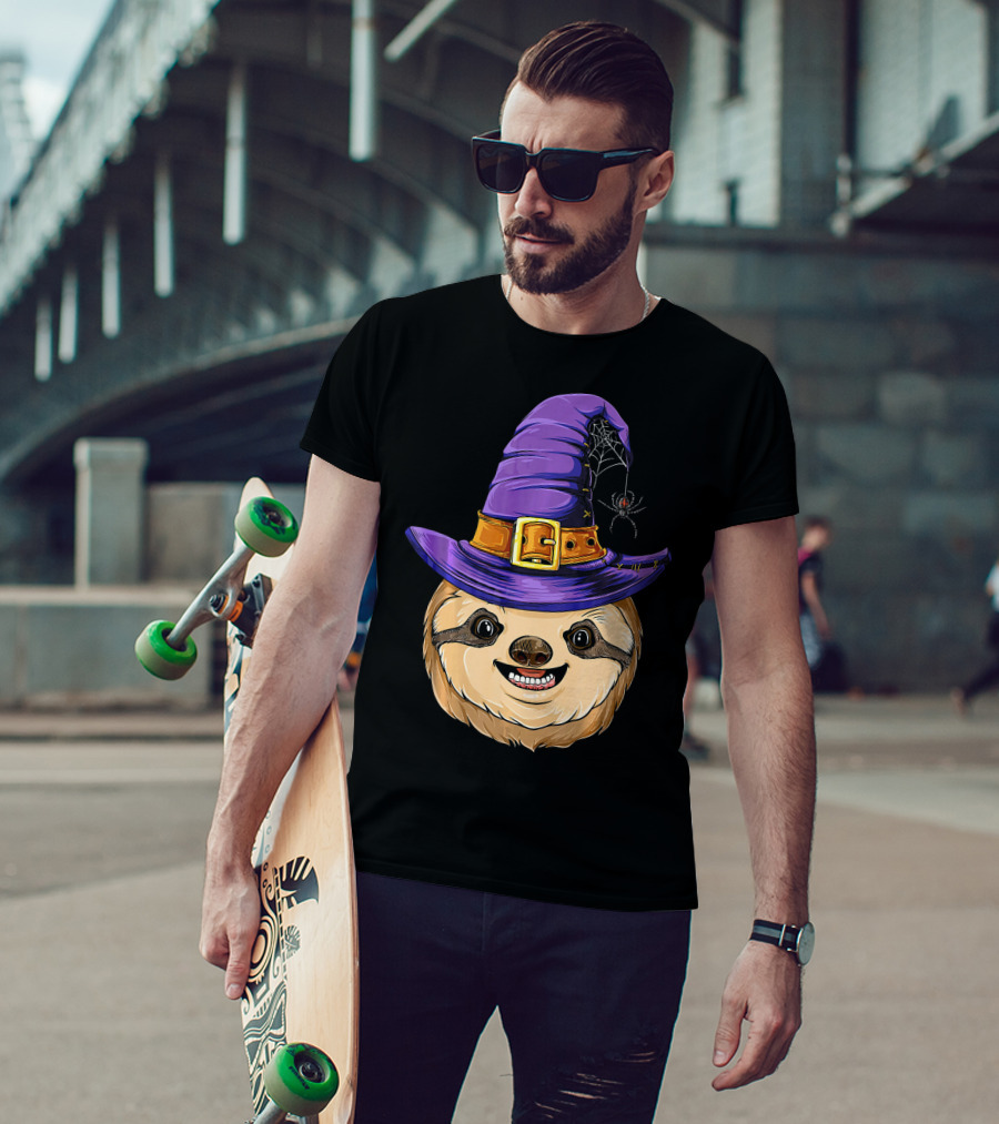Sloth Witch Halloween Purple Hat Spider T-Shirt