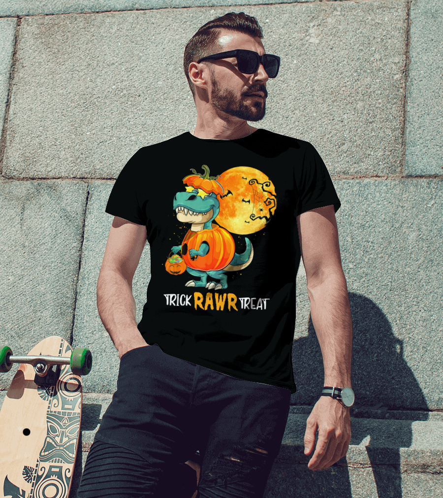 Trick RAWR Treat Rex Dinosaur Halloween Pumpkin Moon T-Shirt