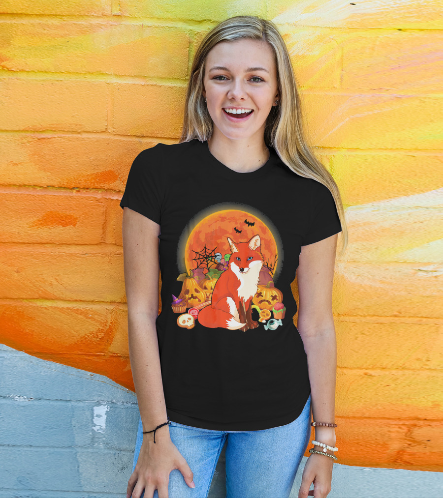 Funny Fox Halloween Full Moon Pumpkin Candy Scene T-Shirt