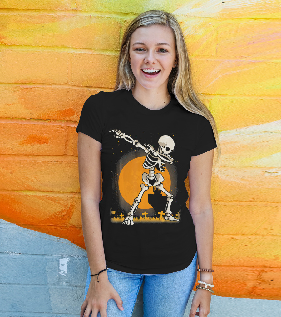 Halloween Skeleton Dabbing In Graveyard With Full Moon T-Shirt