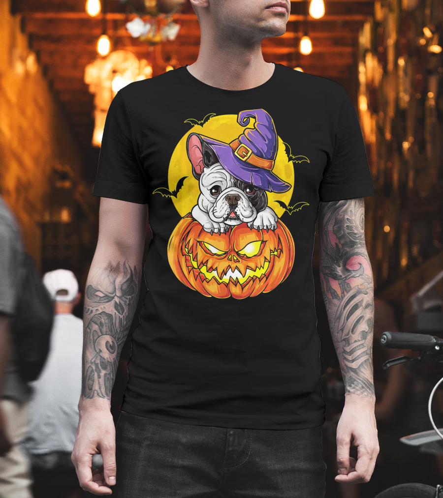 Halloween French Bulldog Witch in Pumpkin with Full Moon and Bats T-Shirt
