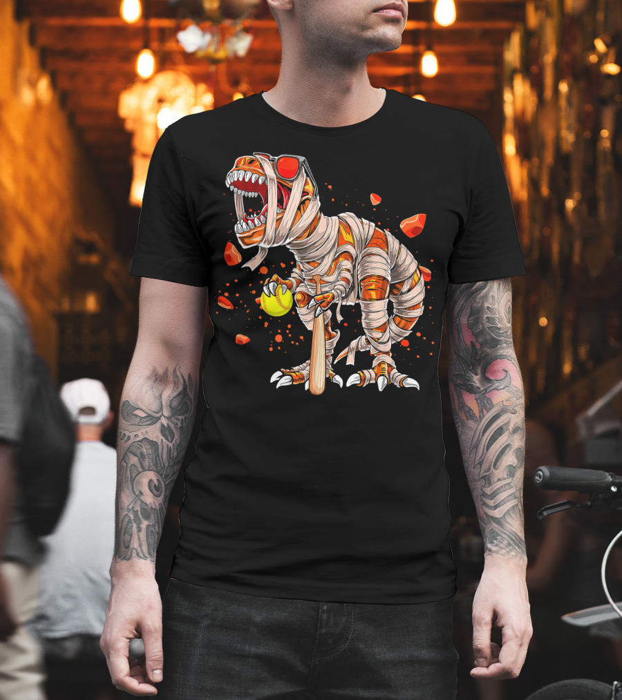 Mummy Dinosaur Playing Softball with Bat and Ball T-Shirt