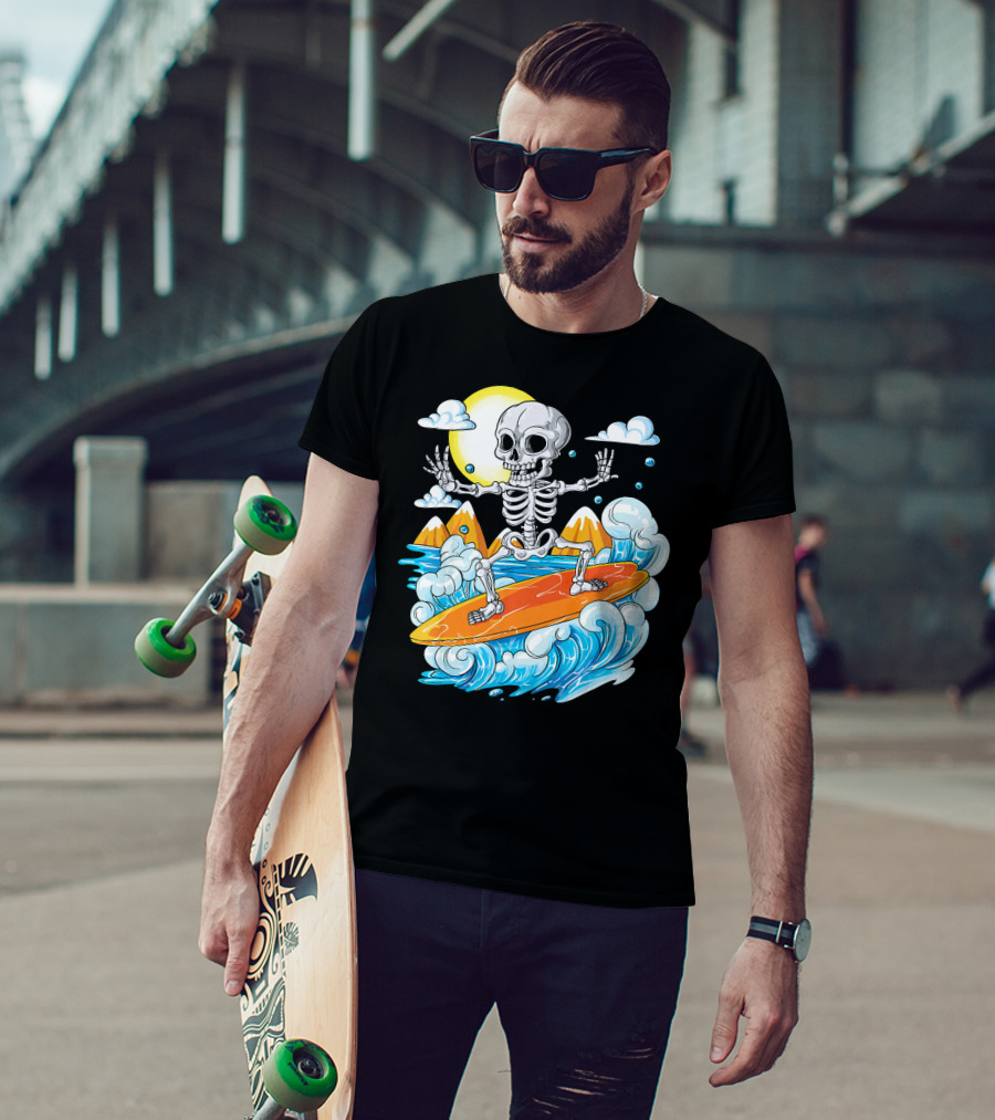 Skeleton Surfing Halloween On Hawaiian Waves With Sun And Clouds T-Shirt