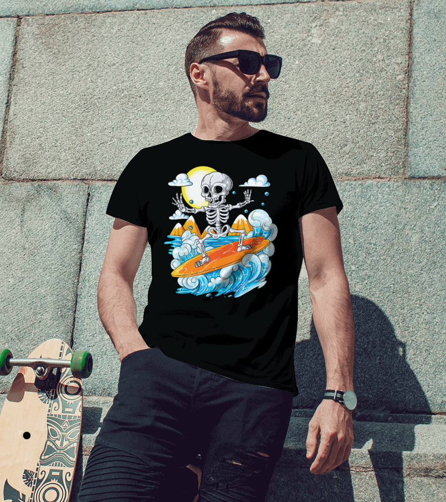 Skeleton Surfing Halloween On Hawaiian Waves With Sun And Clouds T-Shirt