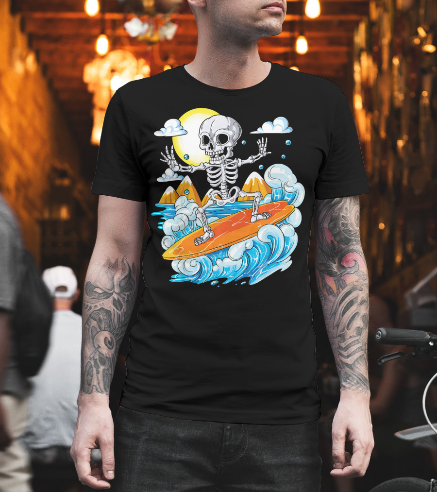 Skeleton Surfing Halloween On Hawaiian Waves With Sun And Clouds T-Shirt