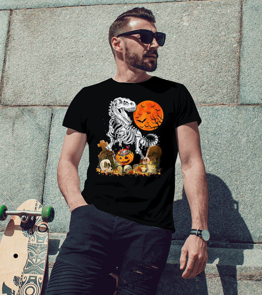 Halloween Dinosaur Rex Skeleton With Pumpkin And Full Moon T-Shirt