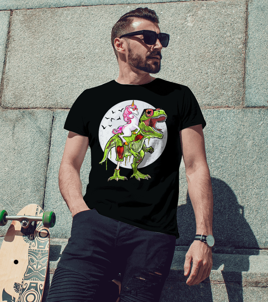 Funny Halloween Unicorn Riding Zombie Dinosaur With Bats And Full Moon T-Shirt
