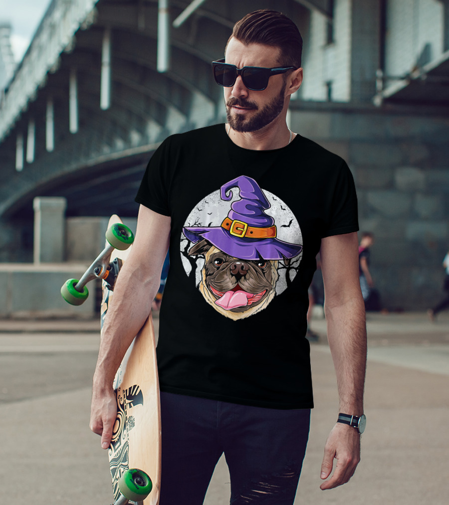 Pug Witch Hat Halloween Moon Bats Forest T-Shirt