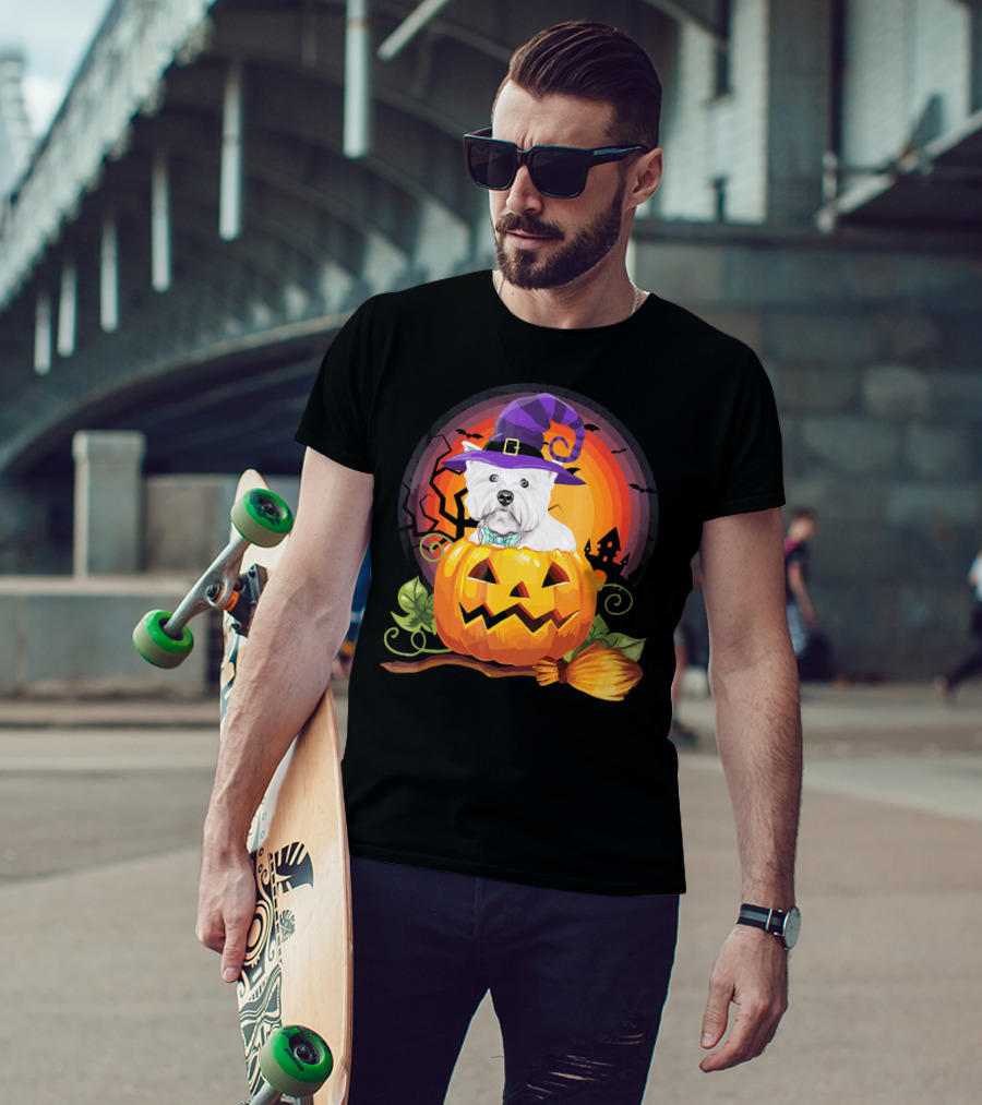 Westie Dog In Witch Hat With Jack-O'-Lantern For Halloween T-Shirt