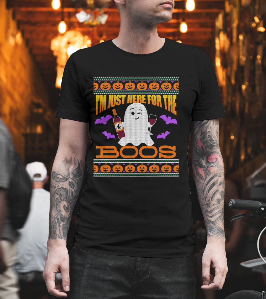 I'm Just Here For The Boos Ugly Halloween Wine Ghost Pumpkins Bats T-Shirt