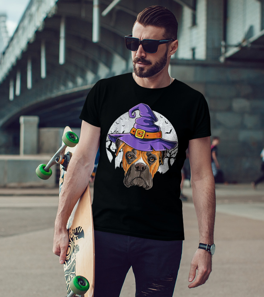 Boxer Dog Wearing Purple Witch Hat Under Full Moon With Bats Halloween T-Shirt