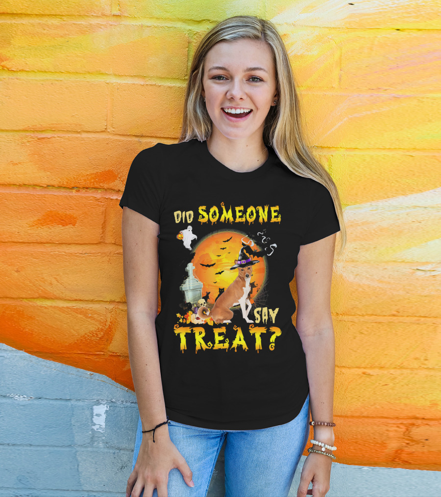 Did Someone Say Treat Basenji Halloween Moon Ghost Bats Witch Hat T-Shirt