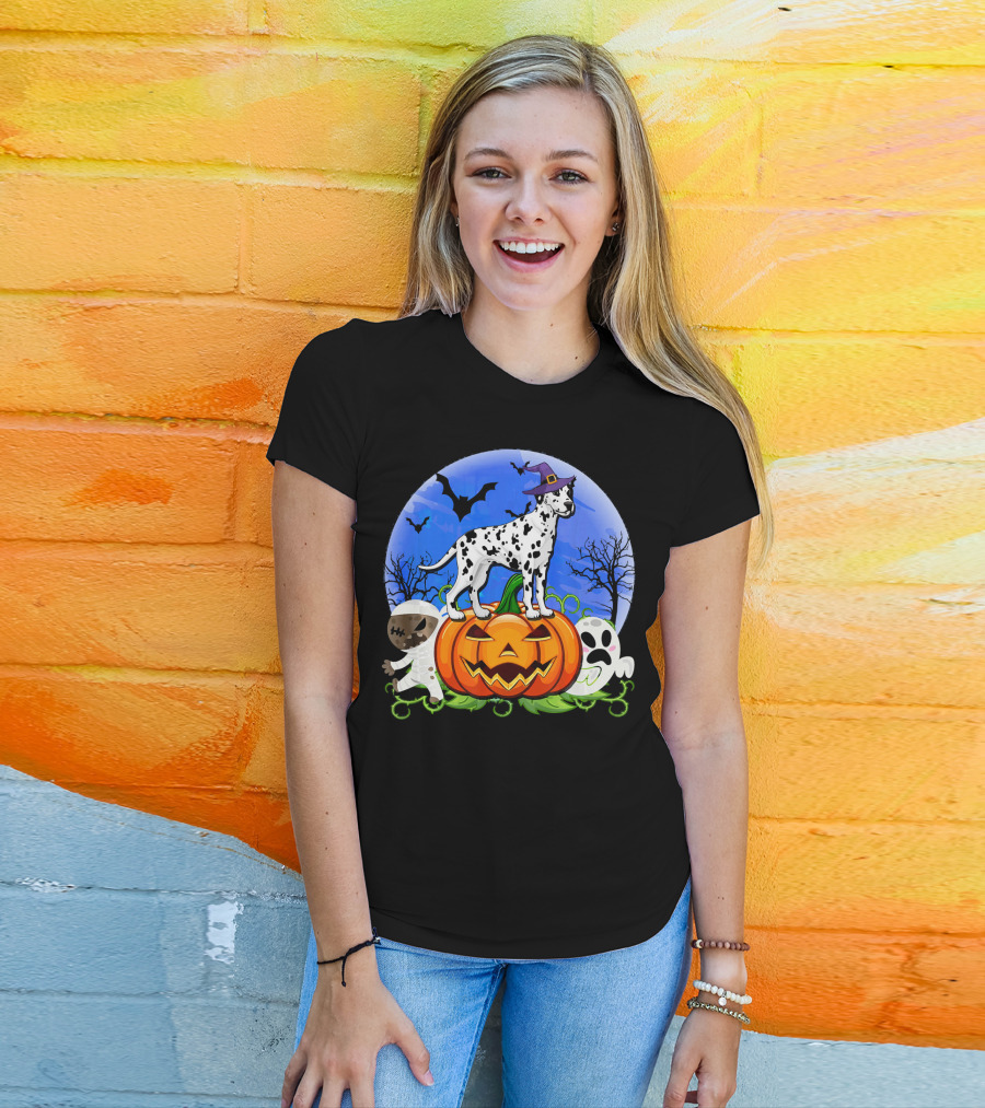 Dalmatian Pumpkin Halloween Mummy Ghost Moon Bats Trees T-Shirt