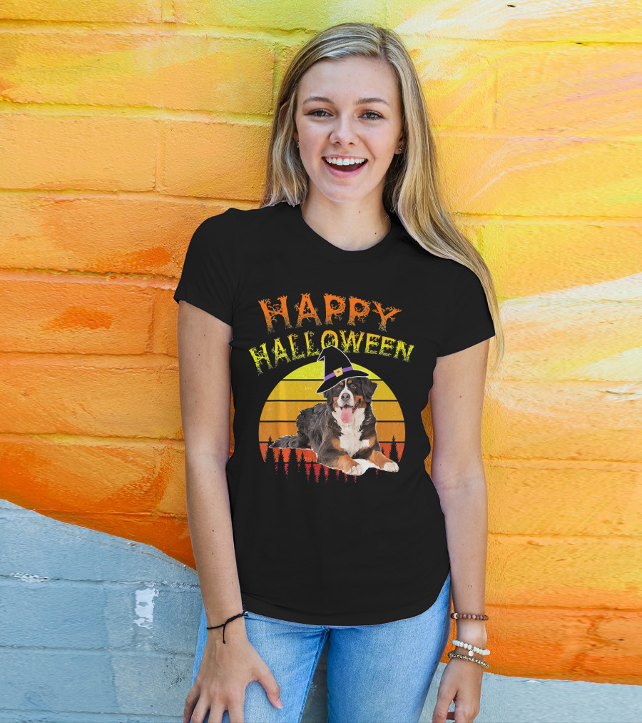 Happy Halloween Bernese Mountain Dog Lover Witch Hat Sunset T-Shirt