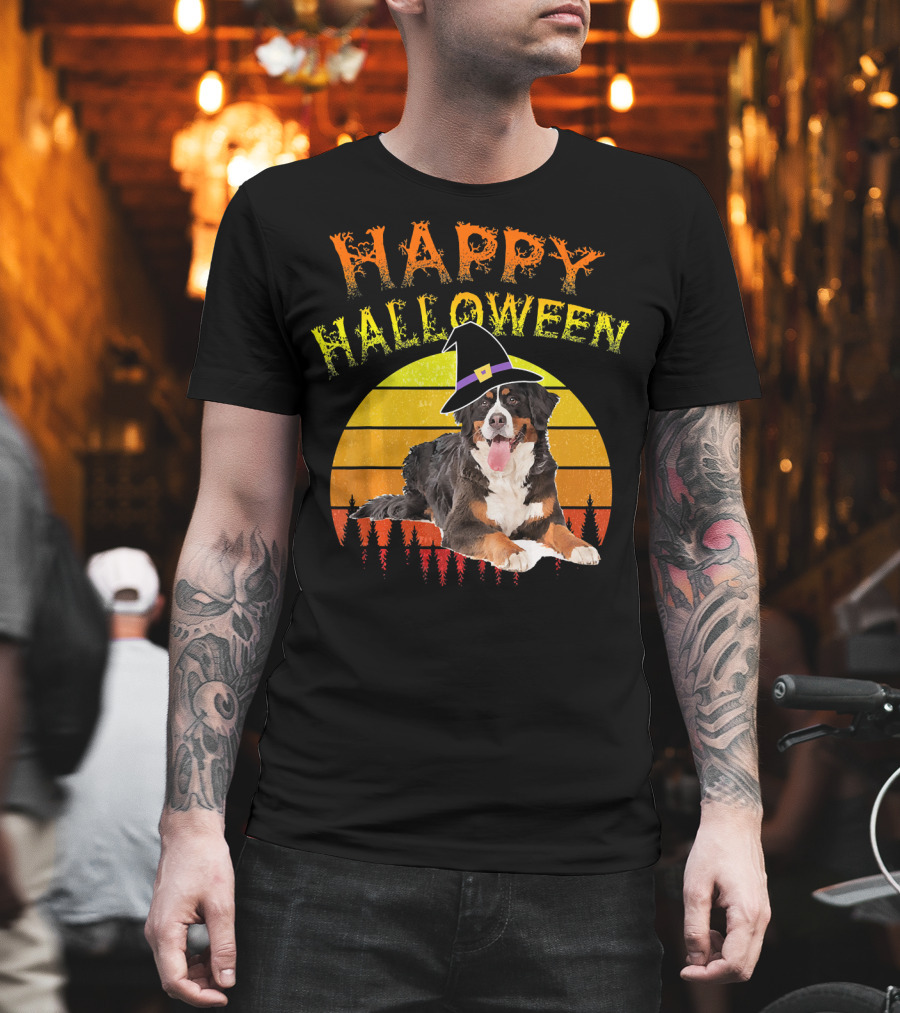 Happy Halloween Bernese Mountain Dog Lover Witch Hat Sunset T-Shirt