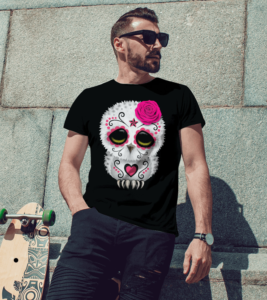 Owl Sugar Skull With Pink Rose And Heart Motif T-Shirt
